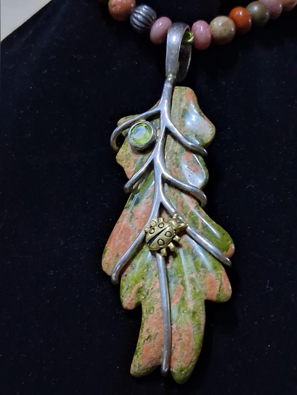 RARE Carolyn Pollack Relios Sterling Unakite Leaf Ladybug Beaded Necklace